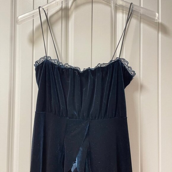 Vintage Gothic Victorian Inspired Velvet Ruffle Midi Dress Navy – XS - Picture 2 of 12